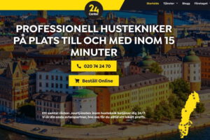 Kuvakaappaus 24 Centerin ruotsinkielisestä verkkosivustosta. Otsikkona "Professionell hustekniker på plats till och med inom 15 minuter" sekä puhelinnumero 020 74 24 70 ja "Beställ Online" -painike. Taustalla Tukholman kaupunkinäkymä.