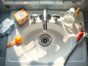 Close-up of a chrome drain, surrounded by baking soda, vinegar, a rubber drain cleaner and a drain wrench on the white level.