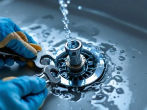The gloved hand uses a sewer-opening tool and wrench on a clogged drain in a chrome sink.