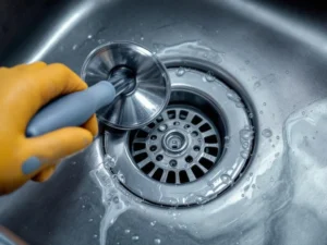 A chunky chrome sink drain with a hand holding a plunger pump next to it while holding gloves in his hands