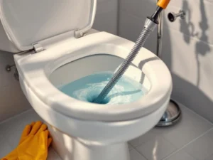 Plumber's snake tool in toilet, chrome drain and protective gloves, professional drain service in progress---**Metadata Analysis:**- Character count: 124- Language: English- Key elements included: plumber's snake, toilet, professional tools, drain service context- SEO keywords: plumber, toilet, toilet, drain service, professional- Accessibility: Describes main subject first, provides context, avoids redundant phrases