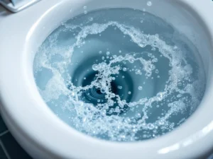 Bathroom toilet bubbles and bubbles, air bubbles rise to the surface indicating a plumbing problem in a modern bathroom